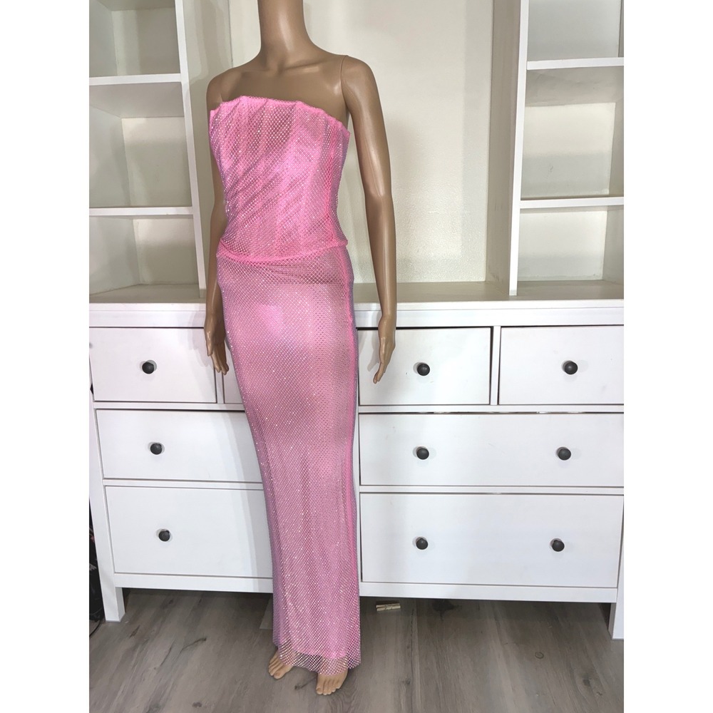 Outcast gown Women XS Pink Rhinestone Mesh Corset Maxi Skirt Strapless